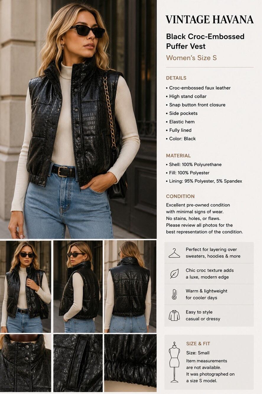 Vintage Havana Black Croc-Embossed Faux Leather Puffer Vest | Size S | Excellent